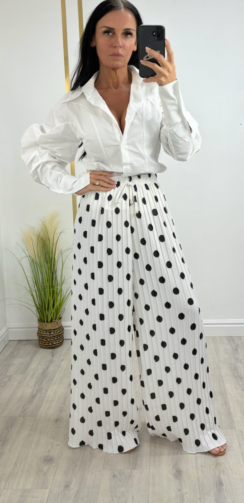 Pleated Polka Dot Wide-Leg Trousers