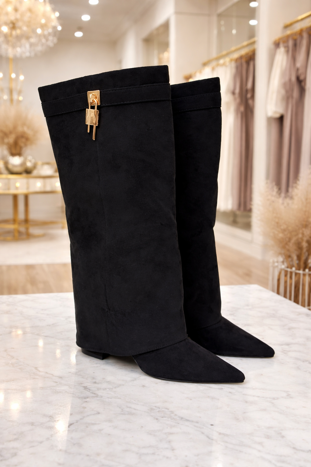 Cilla Lock Fold Over Block High Heel Knee High Boots