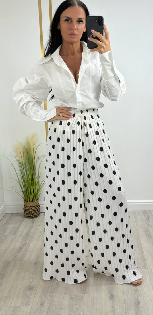 Pleated Polka Dot Wide-Leg Trousers