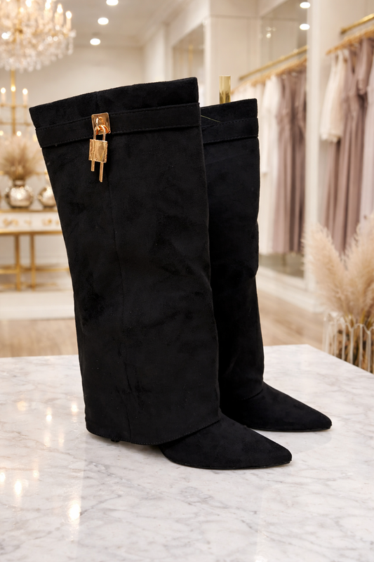 Cilla Lock Fold Over Block High Heel Knee High Boots